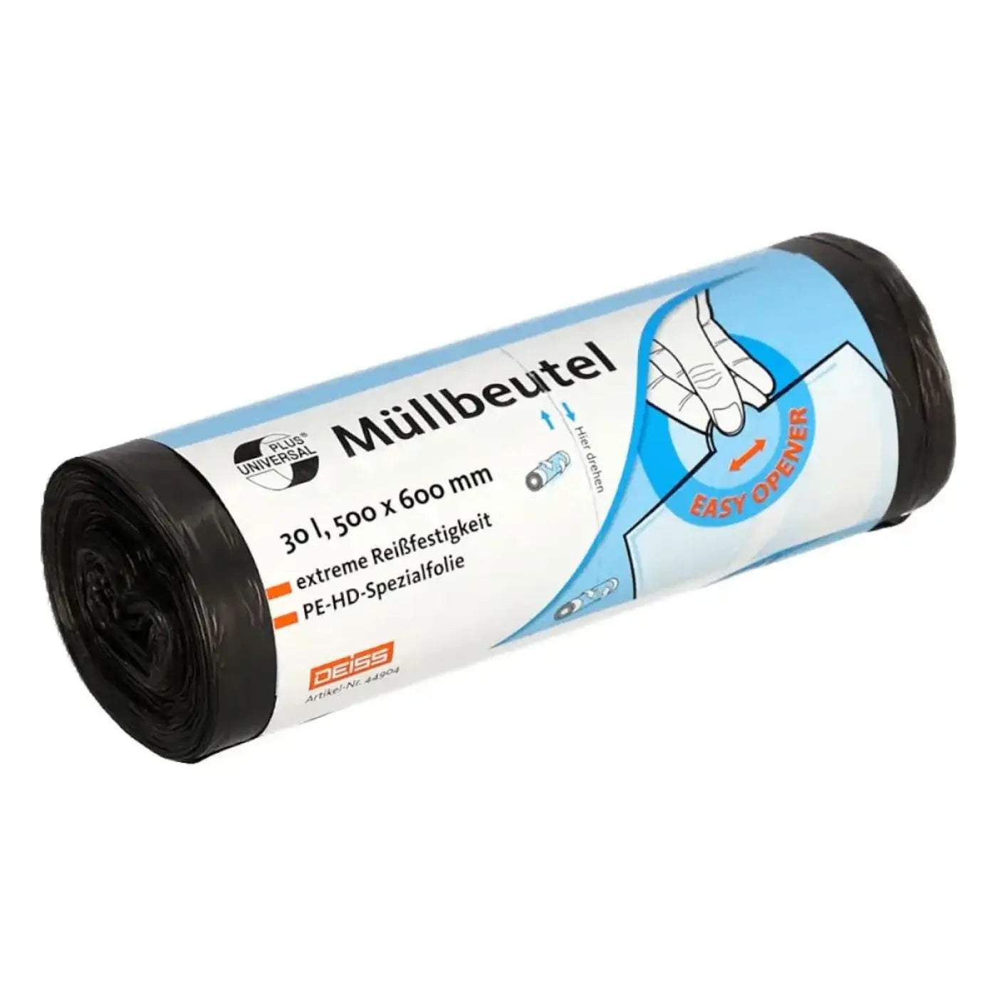 Rolle schwarzer müllbeutel aus hdpe mit blauer und weißer etikette der marke deiss universal plus grau 30 liter