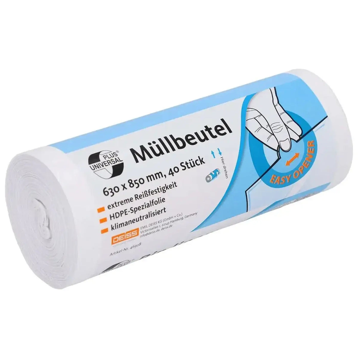 DEISS Universal Plus Müllbeutel HDPE 80 Liter Weiß 46928 passend für Drahtgitterkörbe – Produktabbildung; Lieferumfang: 9 Rollen