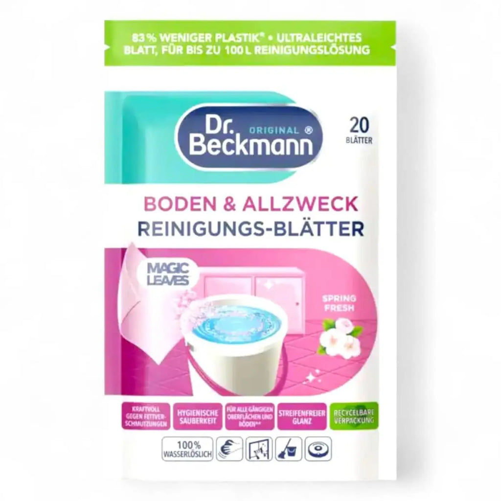 Rückseite der dr beckmann magic leaves allzweck reinigungsblätter verpackung mit anwendungsanleitung und inhaltsstoffen