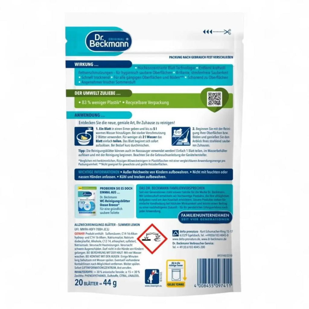 Dr beckmann magic leaves allzweck reinigungsblätter rückseite mit anwendungsanleitung und produktinformationen