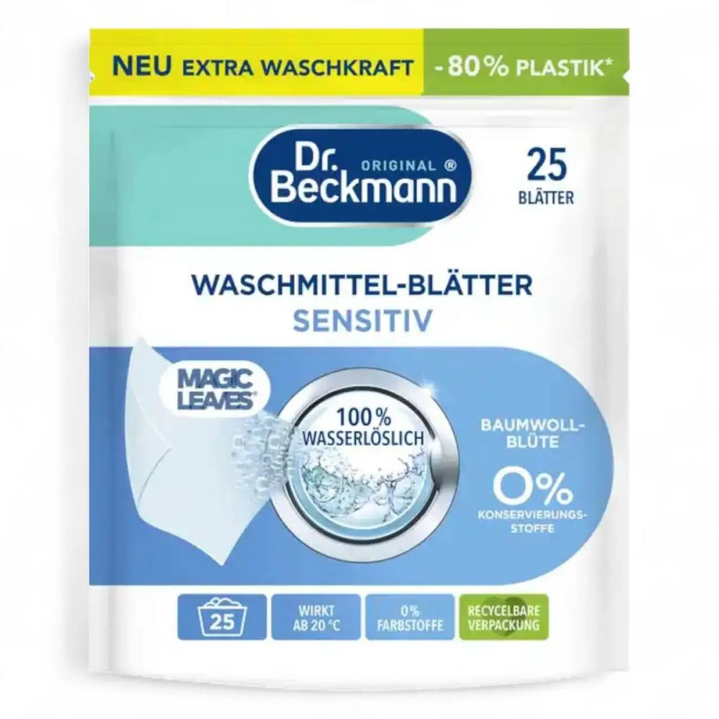 Dr beckmann magic leaves waschmittel blätter sensitiv 25 wl in grüner verpackung für empfindliche wäschestücke
