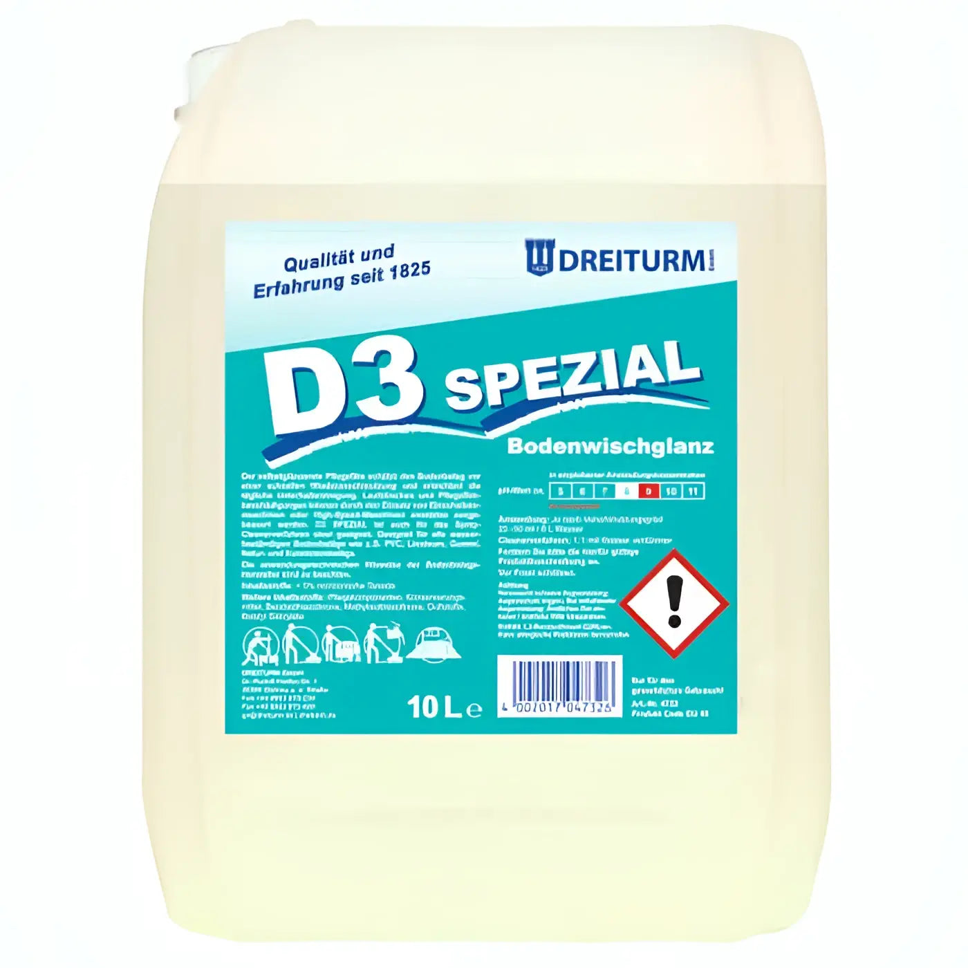 Ein 10-liter weißer kunststoffbehälter mit dreiturm d3 spezial wischpflege bodenreiniger und türkis-weißem etikett