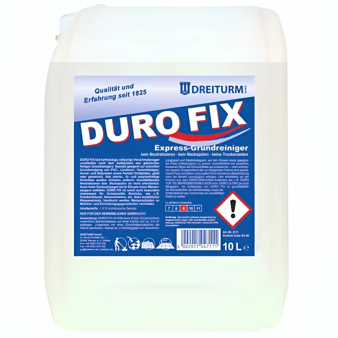 A 10-liter white plastic container of dreiturm duro fix express-grundreiniger professional cleaning solution