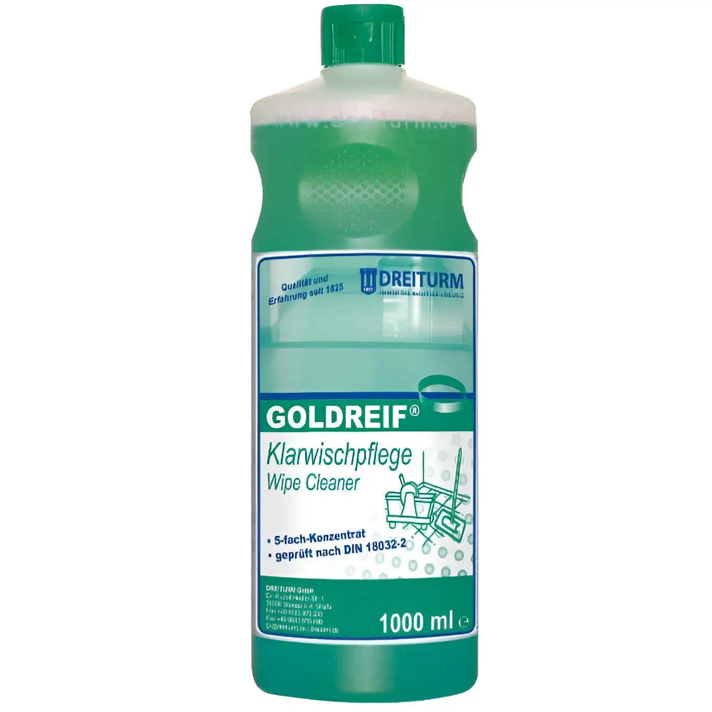 Grüne plastikflasche von dreiturm goldreif klarwischpflege 1l zur reinigung und pflege von oberflächen