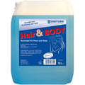 Blaues dreiturm hair & body shampoo und duschgel in einem 10 liter weißen kunststoffbehälter mit blauem etikett