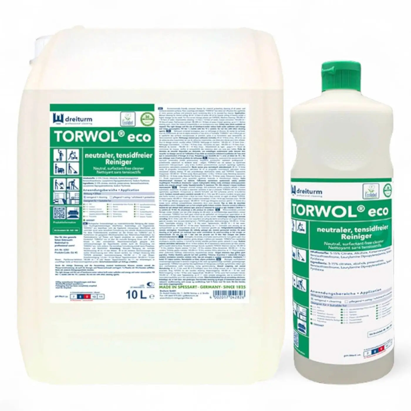 Zwei plastikflaschen dreiturm torwol eco neutraler tensidfreier reiniger mit grünen verschlüssen eine 10 liter kanister und eine kleinere flasche