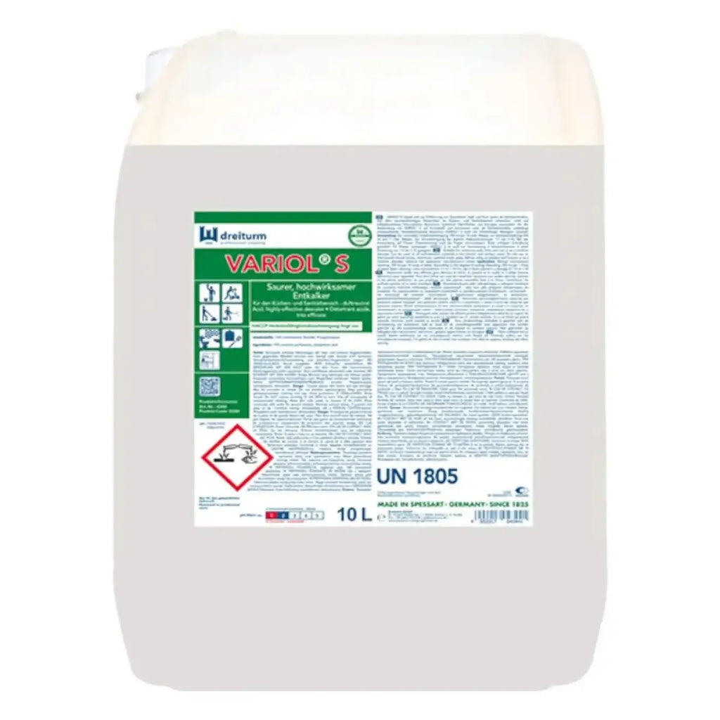 Eine 10-liter weiße kunststoffkanne dreiturm variol s mit grünem etikett für sauren, hochwirksamen entkalker