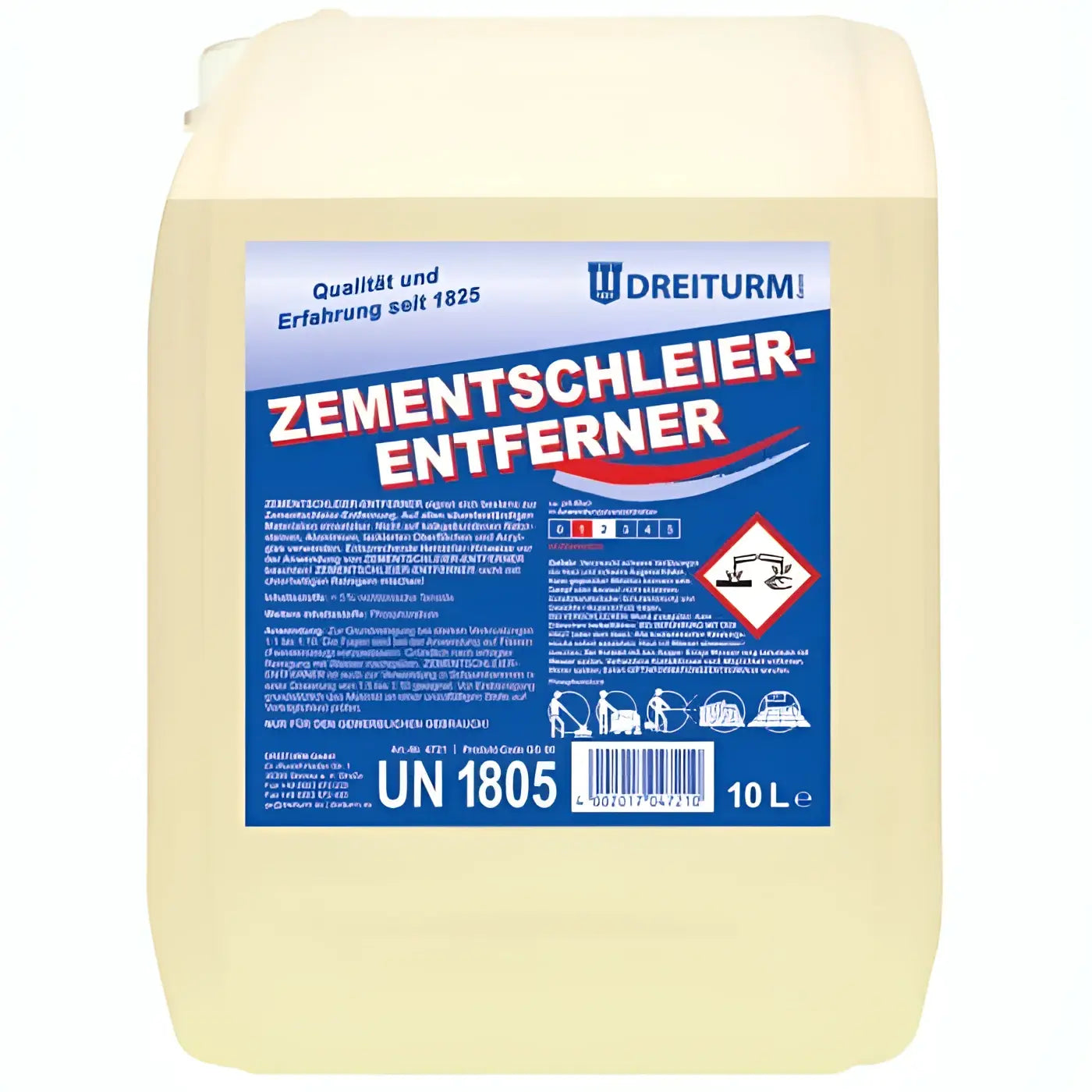 Beiger kunststoffkanister mit blau weißem etikett von dreiturm zementschleierentferner 10 liter zur reinigung