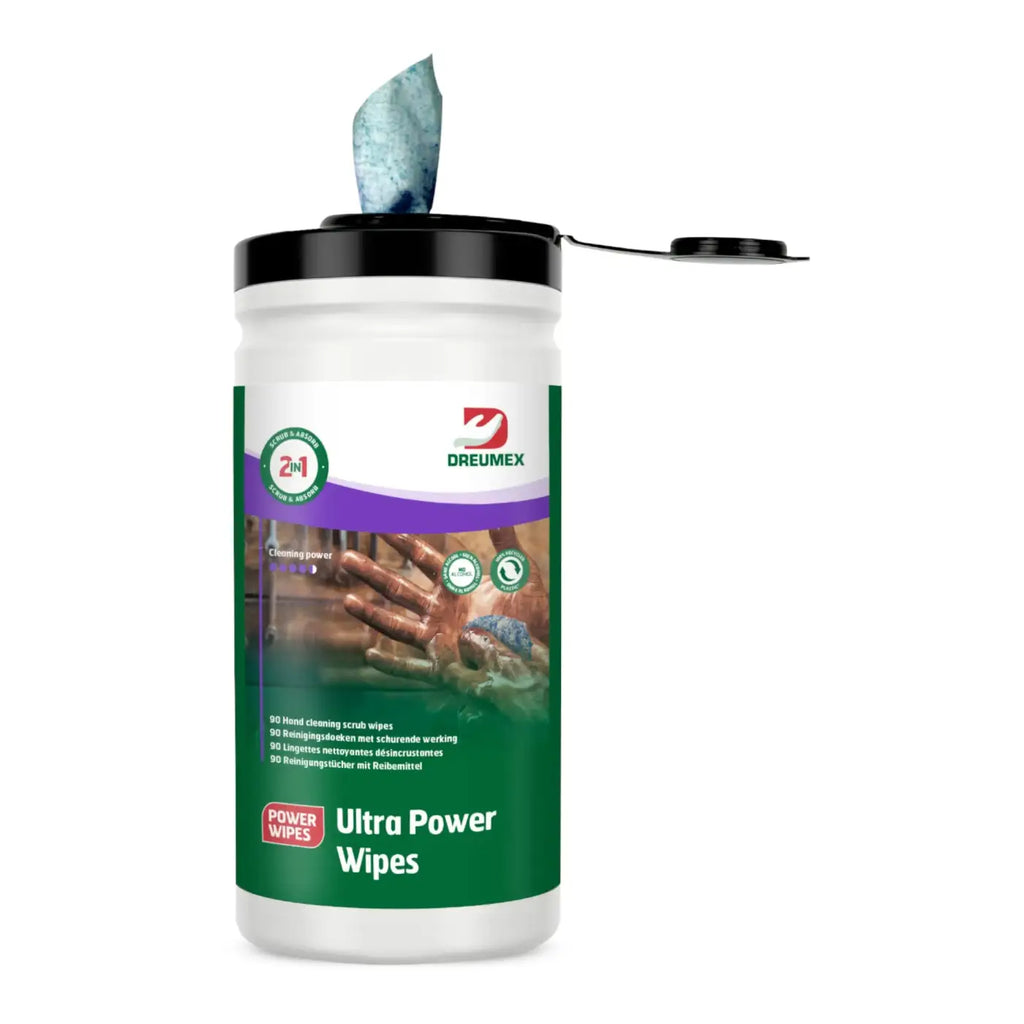 Dreumex ultra power wipes reinigungstücher in weiß-grüner dose mit schwarzem klappdeckel und blauem wipe für haut und hände