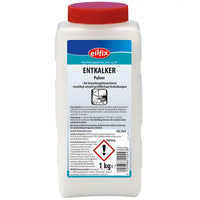 Weiße plastikflasche mit rotem deckel und blauem etikett eilfix entkalker pulver 1kg dose für industrieanlagen