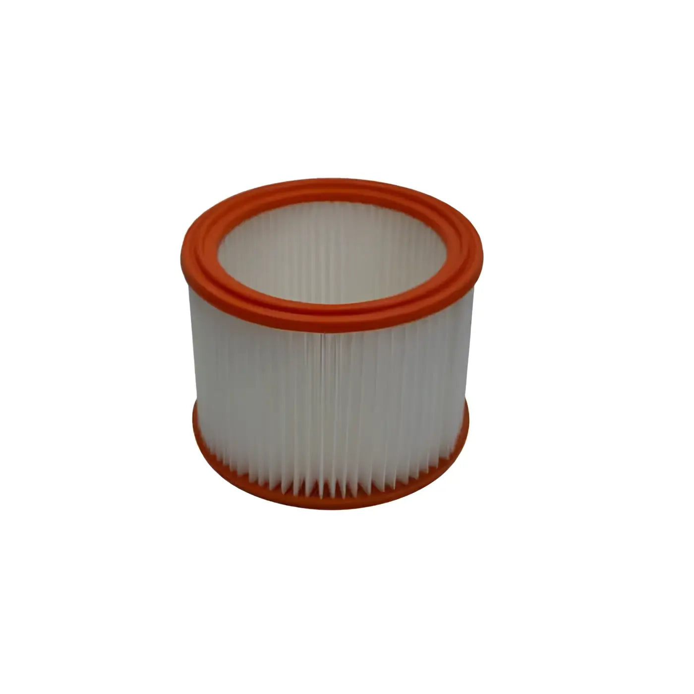 Weißer zylindrischer vakuumfilter mit orangefarbener plastikfassung und plisseeinsatz filterpatrone staubklasse m pet 185x140mm