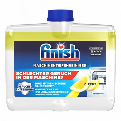 Finish maschinentiefenreiniger citrus 250ml in weißer kunststoffflasche mit blauem deckel für spülmaschinenreinigung