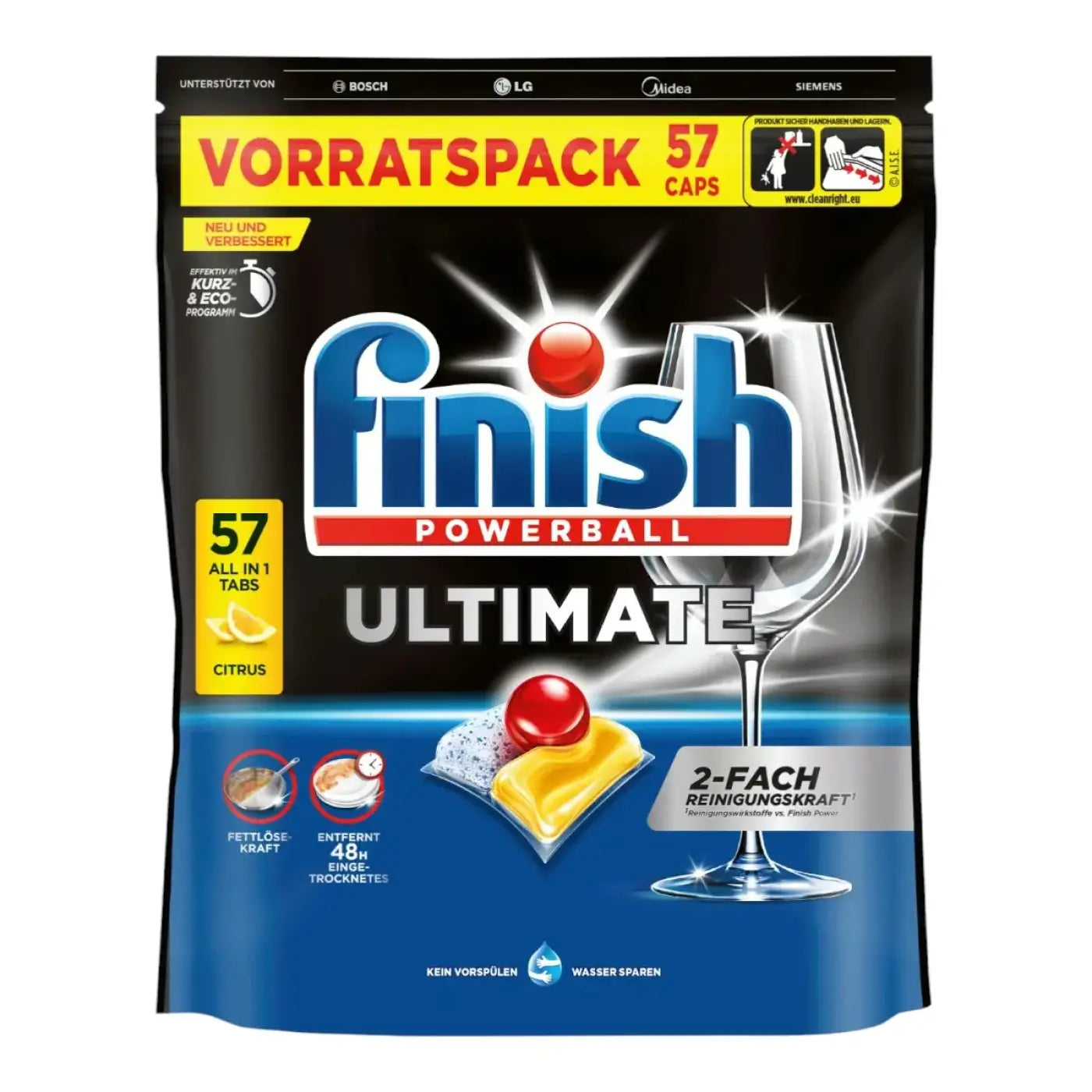 Finish powerball ultimate all in1 citrus 57er caps spültabs in schwarzem und blauem beutel mit 57 stück