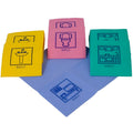 Set aus vier bunten mikrofasertüchern mit küchen und badezimmer symbole für vielseitige reinigung von Floorstar