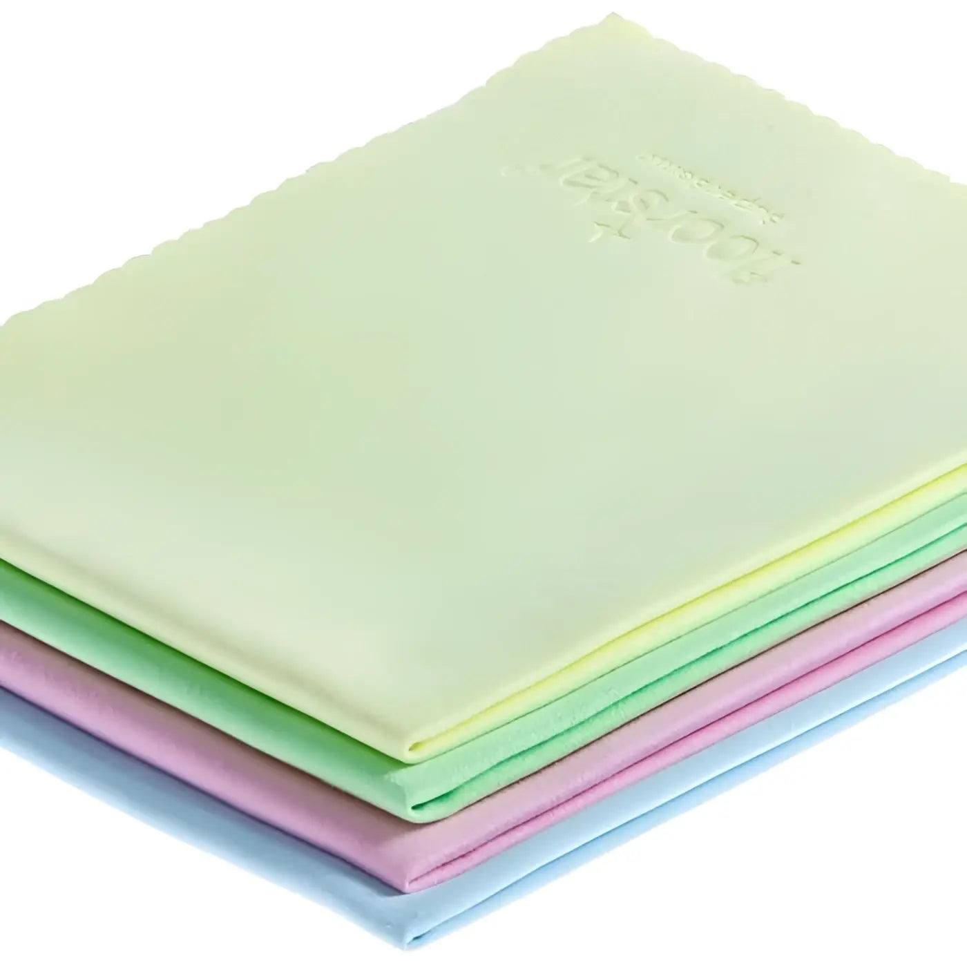 Stapel mehrfarbiger pastellfarbener microfiber hochglanztücher von floorstar in mint, limette, rosa und hellblau