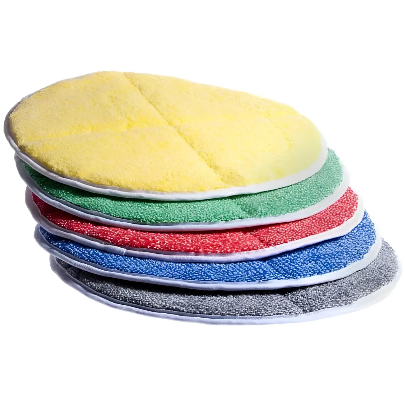 Stack bunter mikrofasermopppads in gelb grün rot blau und grau mit weißen nähten floorstar mikrofasepad 17 432 mm
