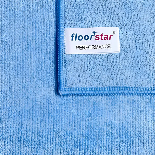 Hellblaues mikrofaser-bodentuch floorstar performance 50x70 cm mit weißem label und hochwertiger reinigungsfunktion