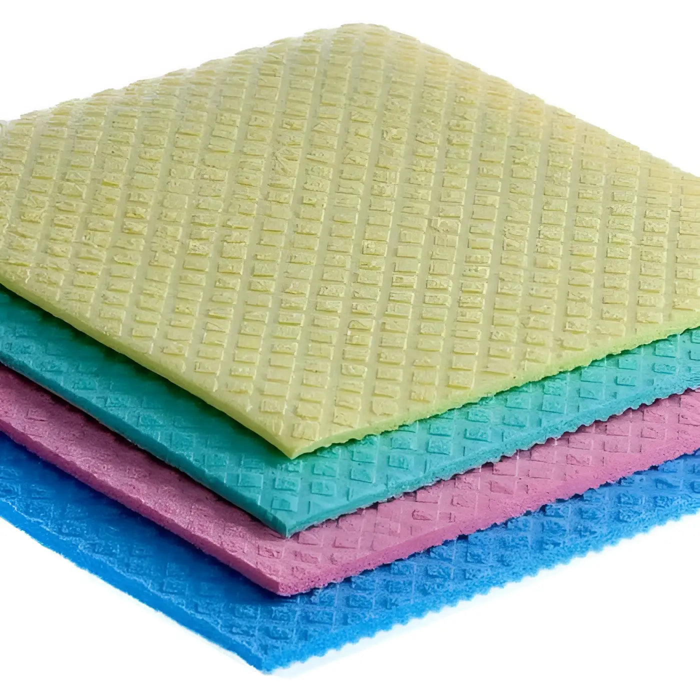 Stapel bunter waffle strukturierter floorstar spongy schwammtücher in pastellgelb, türkis, rosa und blau, 10 stück
