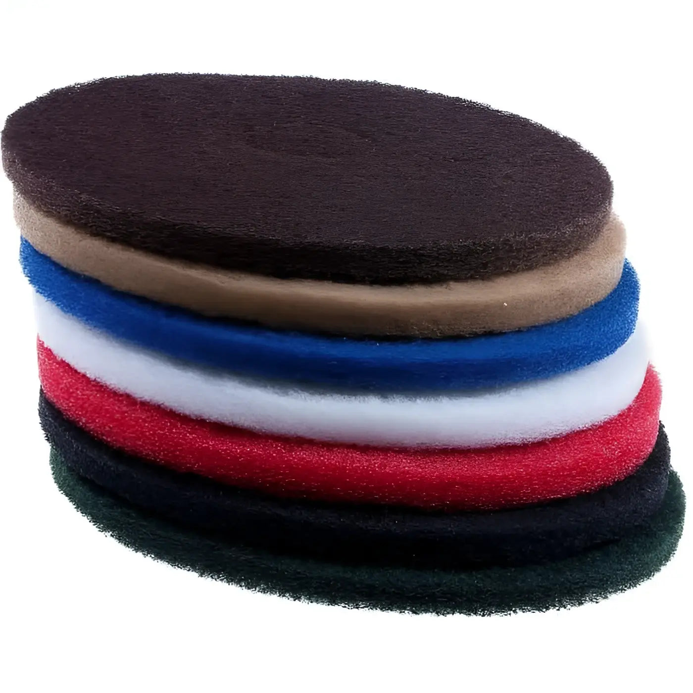 Stapel ovaler mehrfarbiger abrasive bodenreinigungspads in braun, beige, blau, weiß, rot und schwarz, floorstar superpad 17’’ - 432 mm sp1700