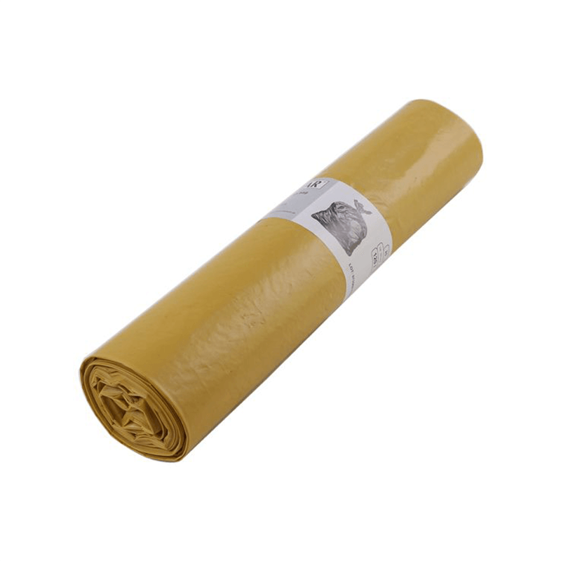 A roll of mustard-yellow hygoclean 120l ldpe 33µ plastic trash bags with a white label and illustration