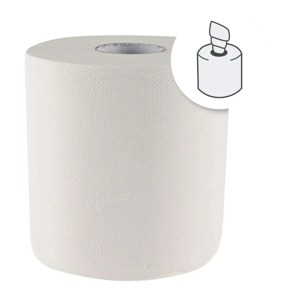 Eine weiße, strukturierte papierhandtuchrolle hygoclean mit innenabwicklung und perforierung, 2-lagig