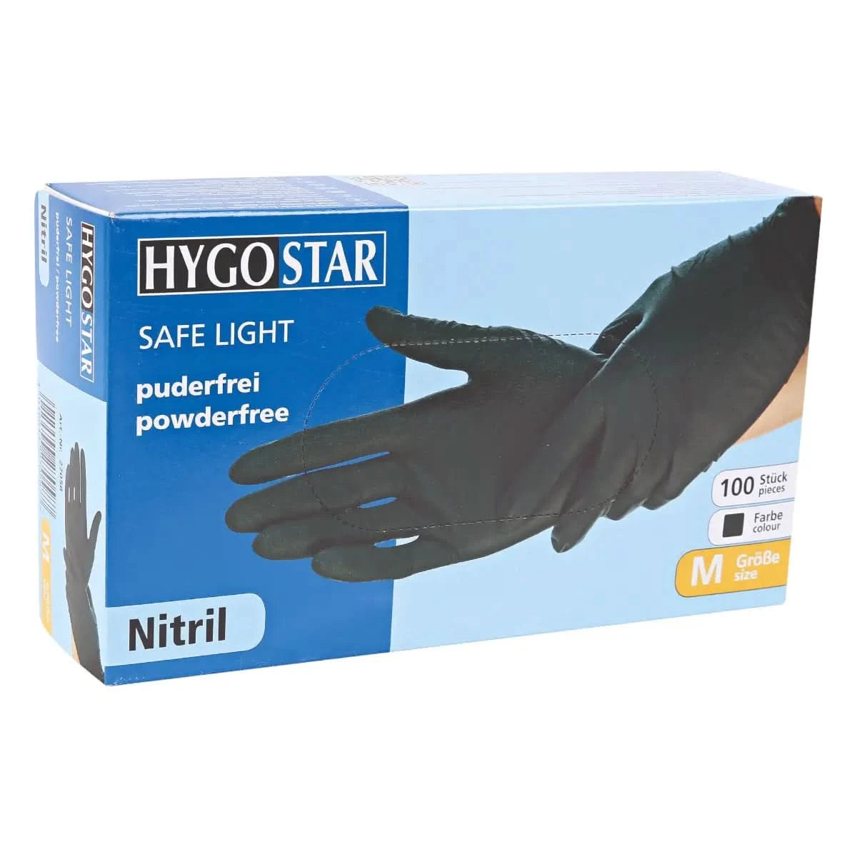Hygostar "Safe Light" Nitril-Handschuhe Schwarz 100 Stück von Franz Mensch, hygienisch und puderfrei, ideal für Reinigungsbedarf.