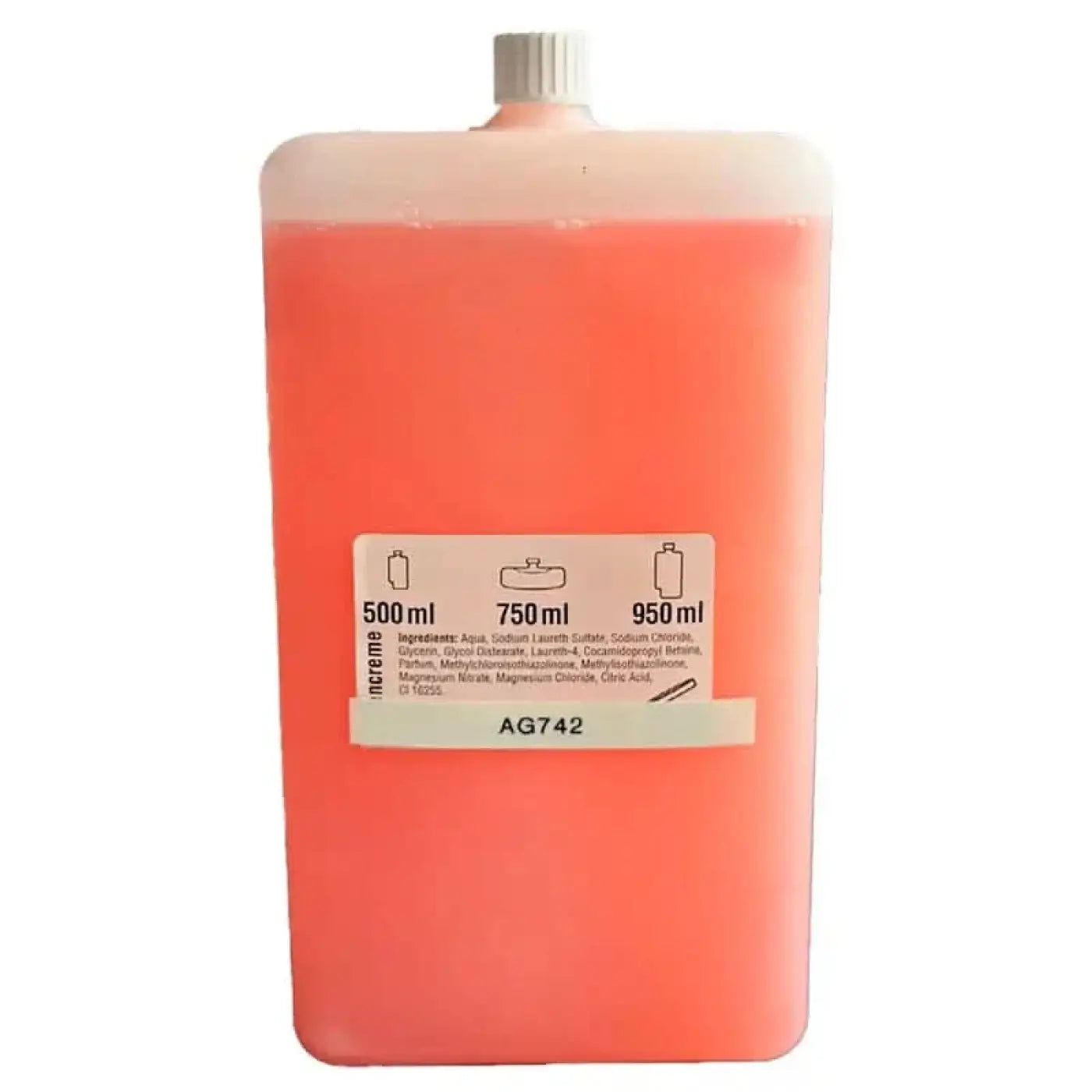 Ein durchscheinender rosa flüssigkeitsbehälter mit weißem schraubverschluss und volumenangaben label für funny seifencreme lu 950 ml