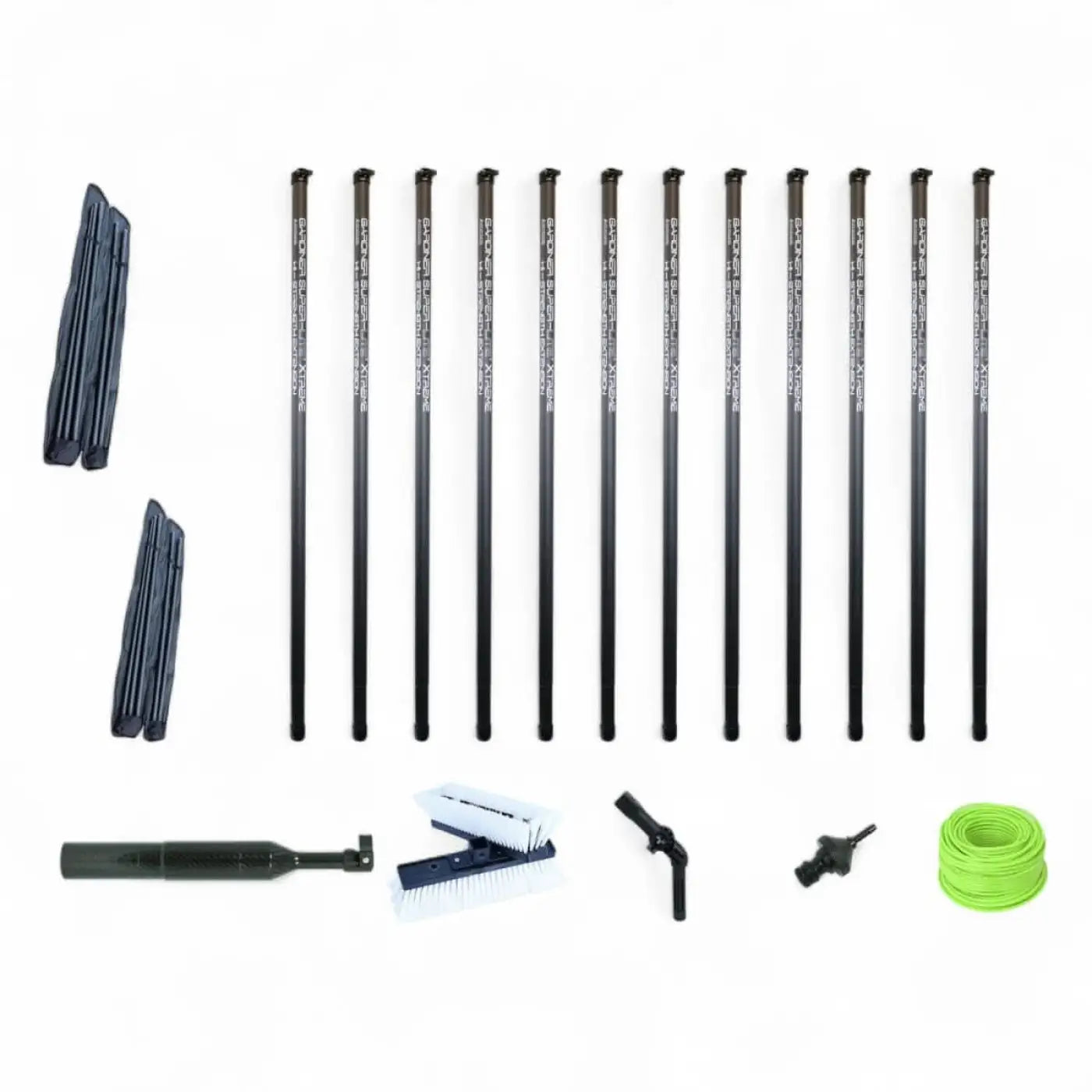 Schwarze telescopische gardiner modular steckstangen aus carbon mit weißer gravur und grüner schlauchspirale