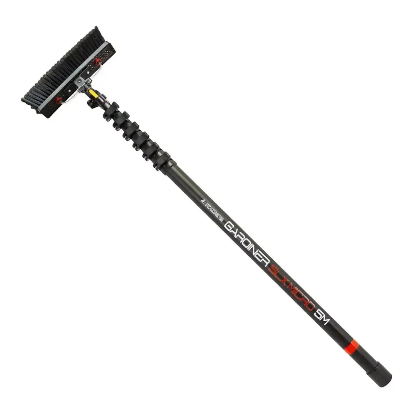 Schwarze carbon teleskopstange gardiner slx micro 5 meter mit breiter borstenbürste und weiß rotem logo