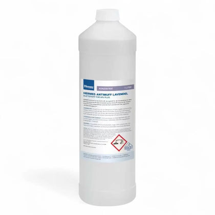 Weiße plastikflasche mit weißem deckel und blauem etikett hermes antimuff lavendel 1 liter