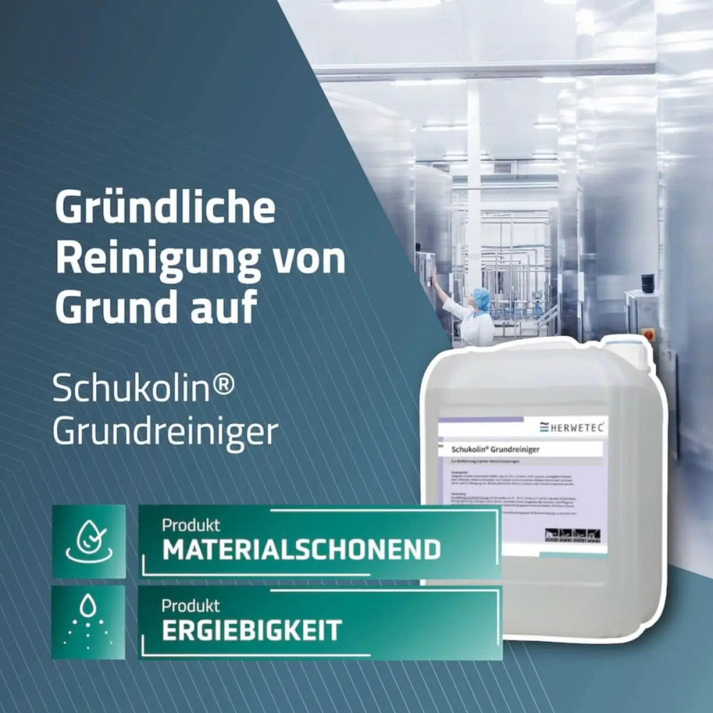 Weiße kunststoffkanister mit griff und ausgießer labeled schukolin grundreiniger von herwetec für industrielle reinigung 10 liter