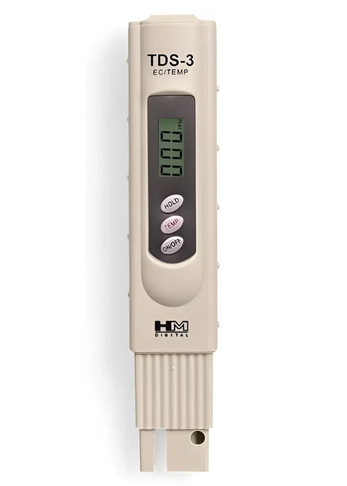 Beige hm digital tds-3 wassermessgerät mit digitalanzeige und drei funktionstasten für osmosewassertest