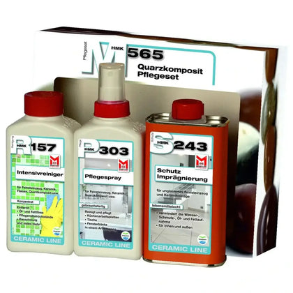 Set aus drei keramik-pflegeprodukten in weißen und roten flaschen mit orangener dose ceramic line von mapei