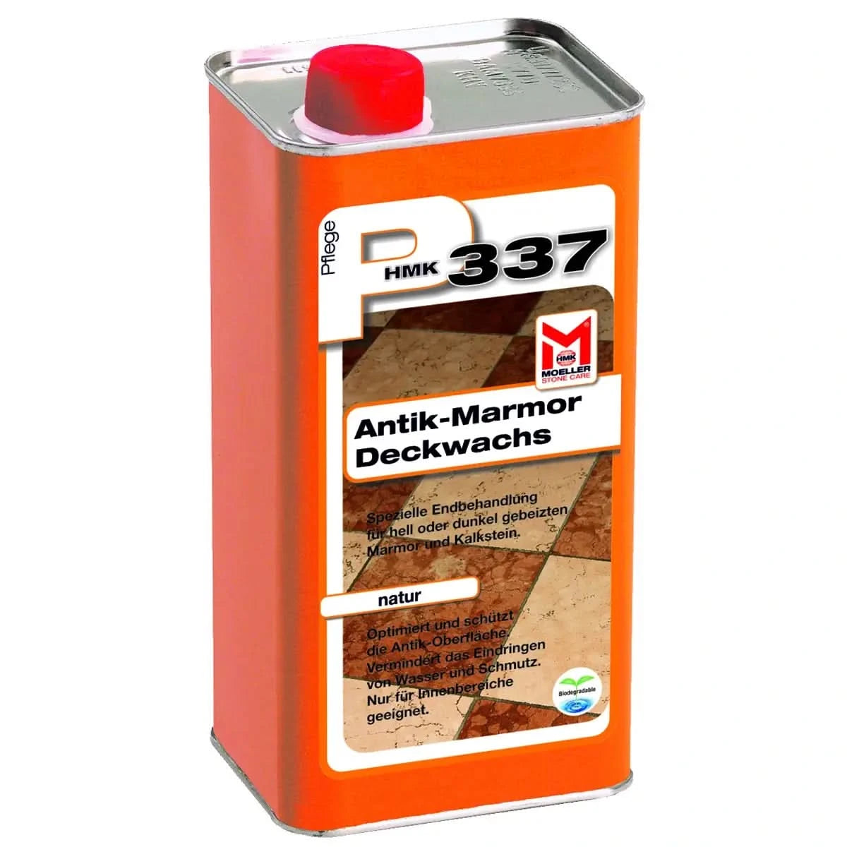 Orange metalldose mit rotem deckel und etikett hmk 337 antik-marmor deckwachs von möller stone care natur