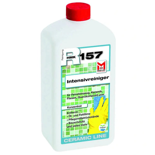 Weiße plastikflasche mit rotem deckel und grün-weißem etikett moeller stone care r 157 intensivreiniger für keramische oberflächen