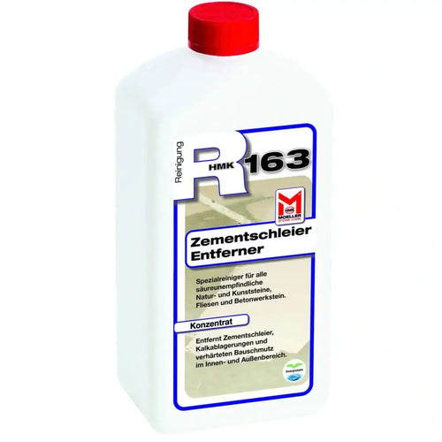 Weiße plastikflasche mit rotem deckel und blau umrahmtem etikett von möller hm k r163 zementschleier entferner 1l