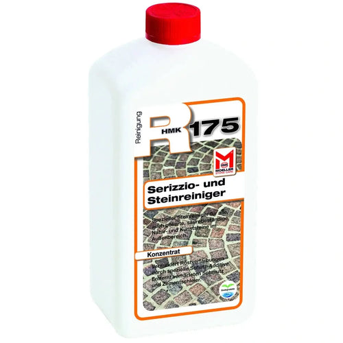 Weiße kunststoffflasche mit rotem deckel und orange umrandetem etikett für möller stone care hmk r175 serizzio und steinreiniger 1l