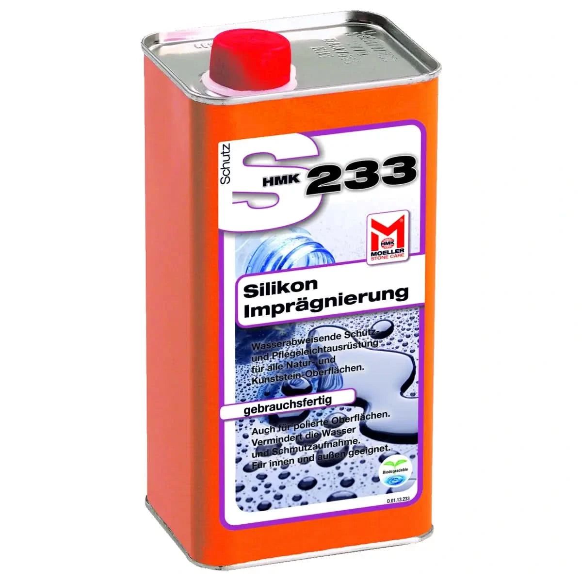 Orange can of moeller stone care hmk 233 silicone impregnation with red cap for stone impregnation 1l