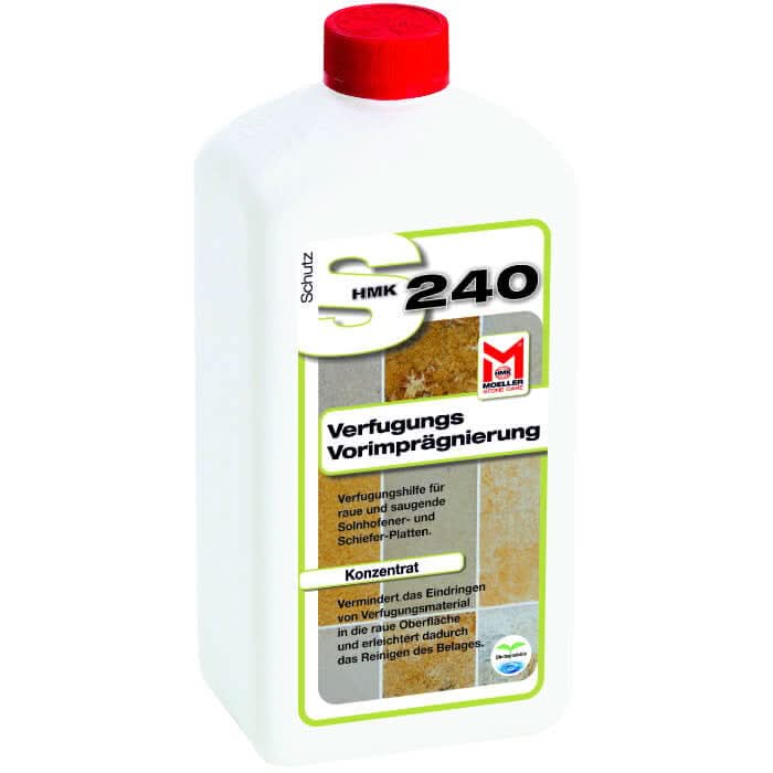 Weiße plastikflasche mit rotem deckel und grünem etikett hmk 240 von möbel-art zur fugenimprägnierung auf holz und fliesen