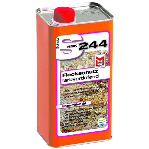 Orange metalldose mit rotem deckel und weißem etikett mit marke schutz hmk 244 steinimprägnierung für steinflecken