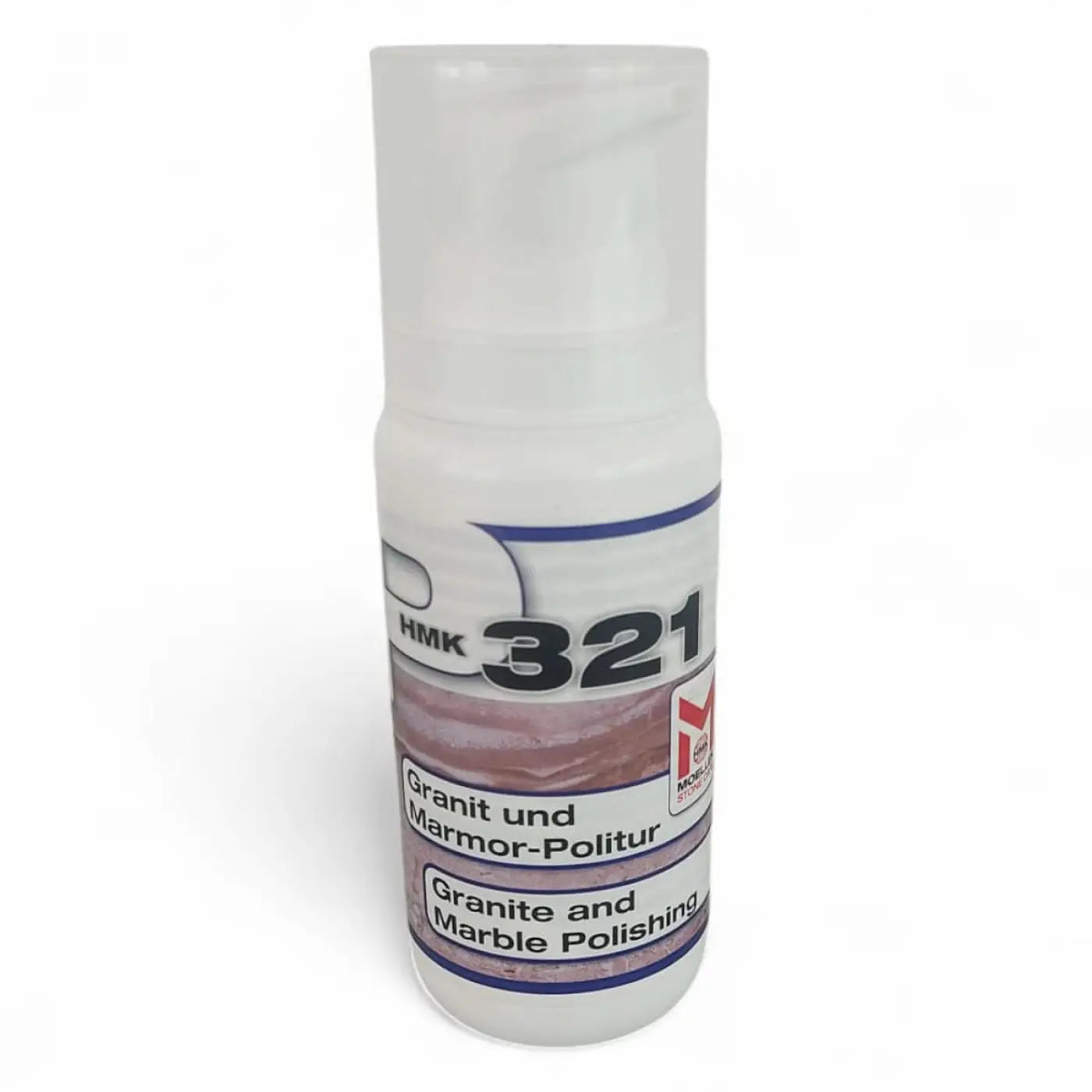 Weiße plastikflasche von hmk 321 granit- und marmorpolierschleifpaste 100ml für polieren und pflegen