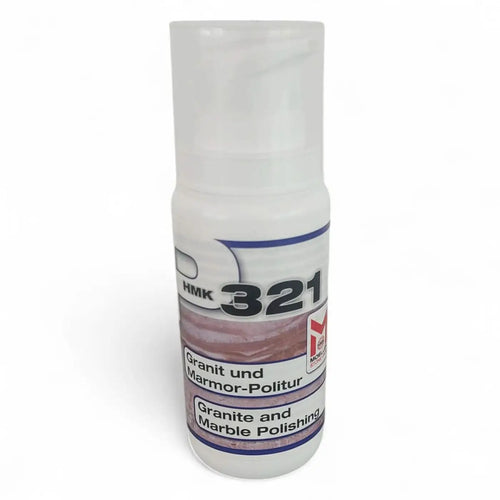 Weiße plastikflasche von hmk 321 granit- und marmorpolierschleifpaste 100ml für polieren und pflegen