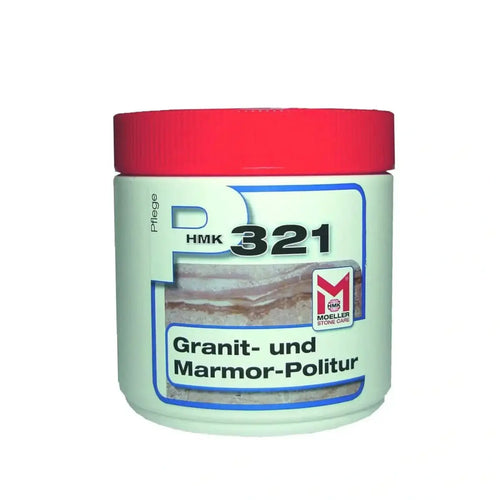 Eine hellgrüne zylindrische dose mit rotem deckel, hmK 321 granit- und marmor-politur von moeller stone care, 500ml