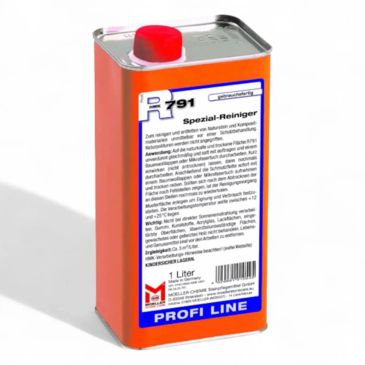 Orange metallkanister mit rotem deckel und blauem etikett profi line von möller-chemie hm k r791 spezial-reiniger