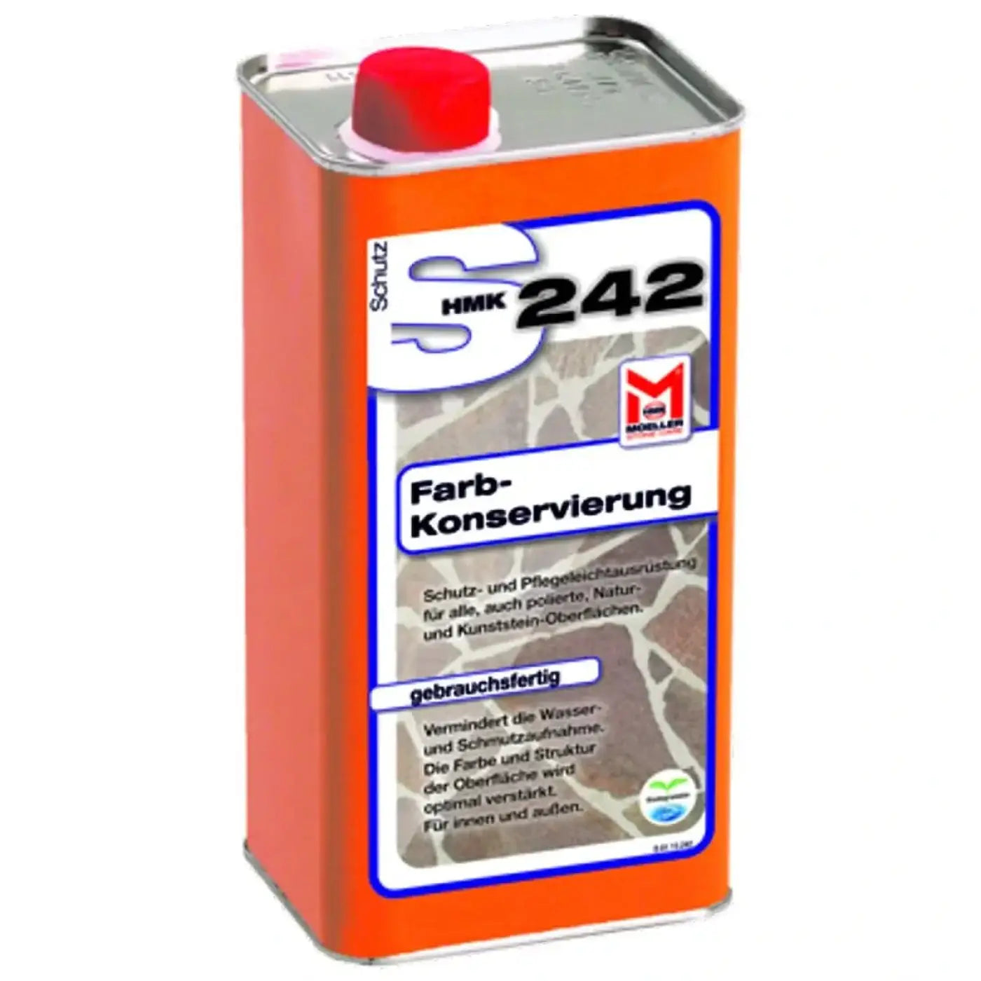 Orange metallkanister mit rotem deckel und weißem etiket hmks242 steinkonservierungsprodukt 5l