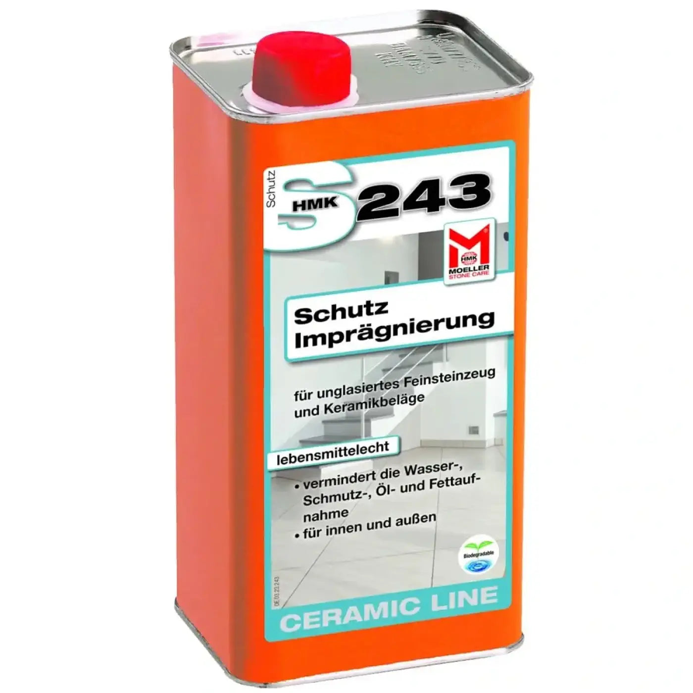 Orange metalldose mit rotem verschluss und weißem etikett schutz 243 von möller stone care für feinsteinzeugschutz