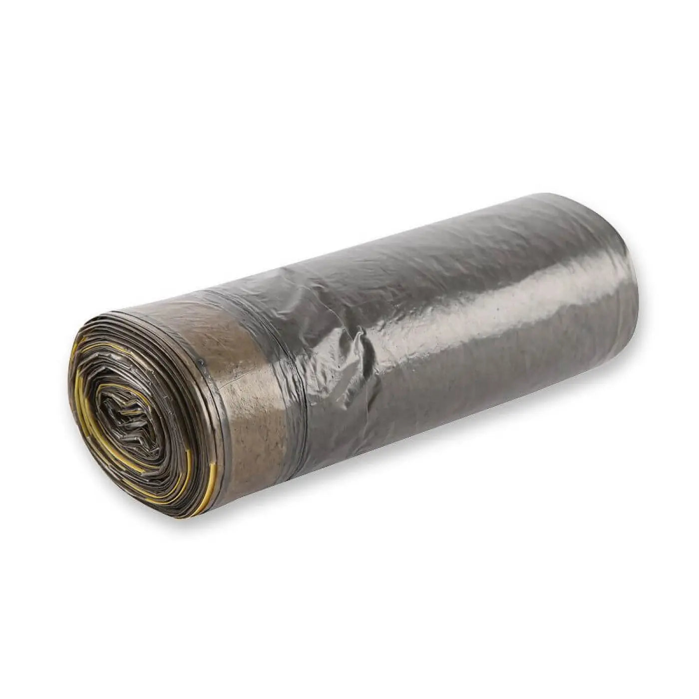 Ein roll dunkler grauer glänzender hygoclean müllbeutel 60l aus ldpe mit gelbem zugband am rand