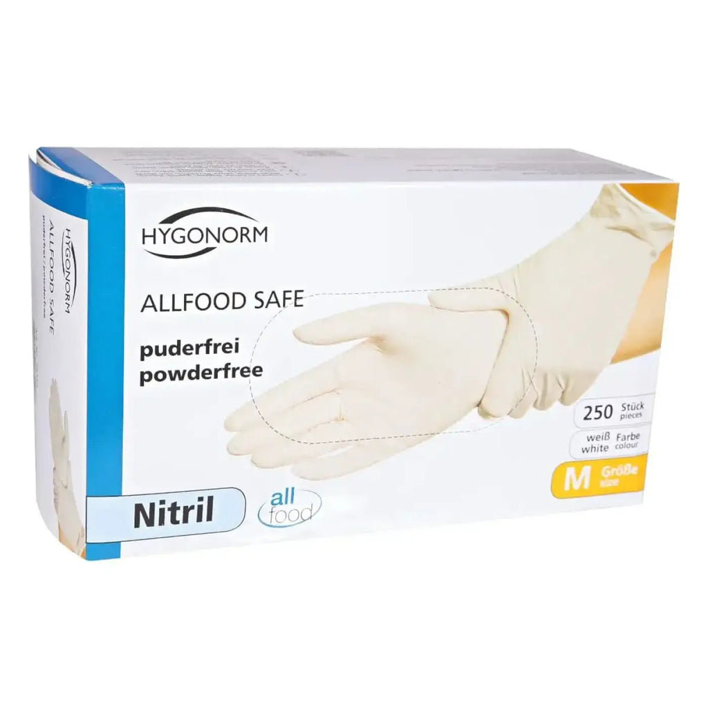 Weißes nitril-handschuhe in hygonorm box, puderfrei und allfood safe, 250 stück für lebensmittelsicherheit