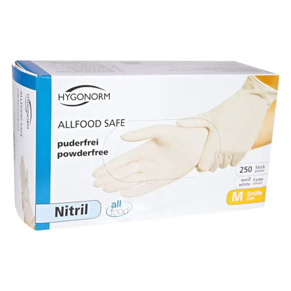 Weißes nitril-handschuhe in hygonorm box, puderfrei und allfood safe, 250 stück für lebensmittelsicherheit
