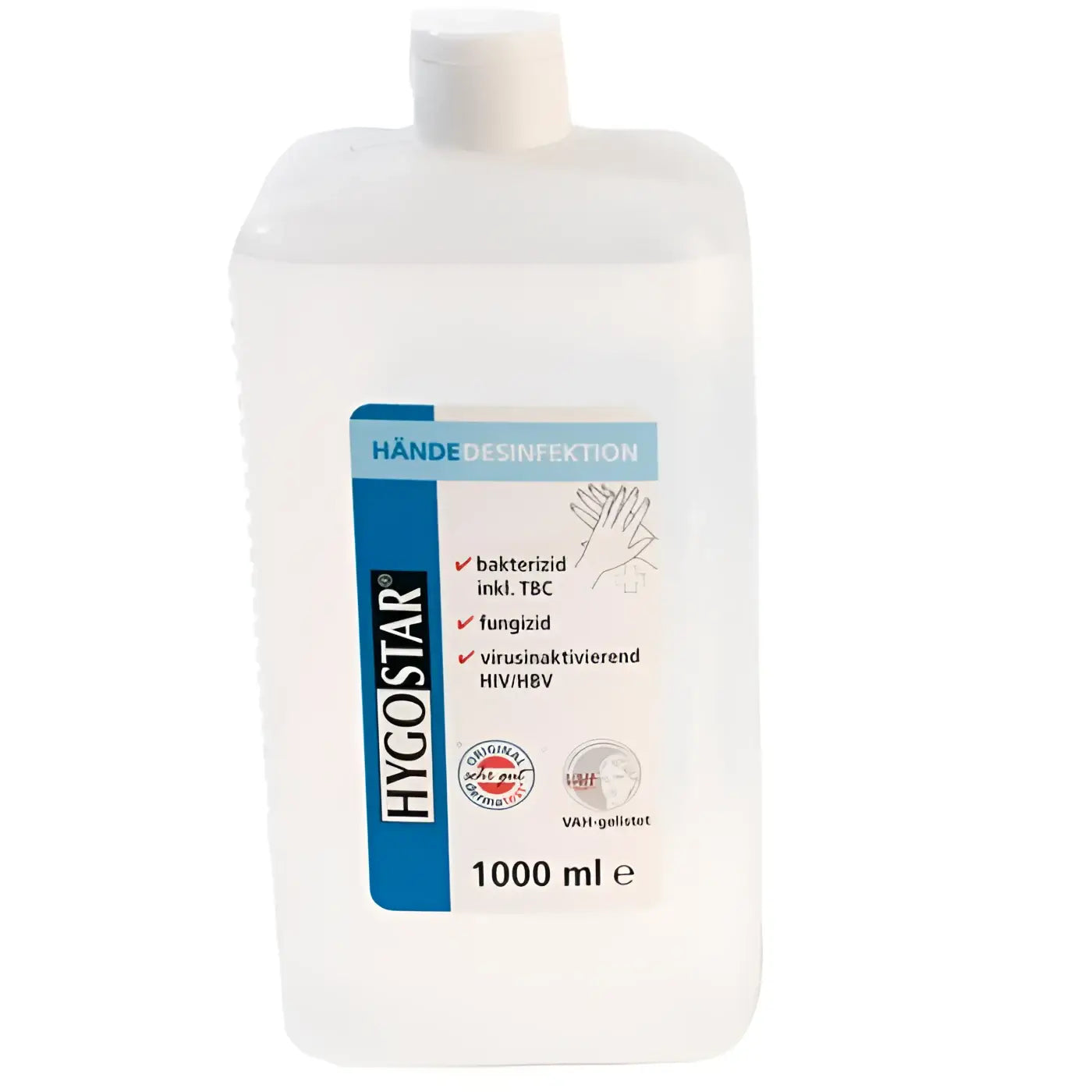 Klarer plastikflasche hygoStar alkoholische händedesinfektion 1000 ml mit weißem deckel und blauem etikett
